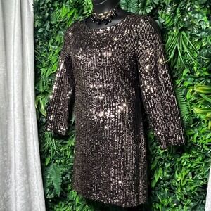 Alexa B Nites‎ Dress Women 14 Black Gold Sequin Party Cocktail Long Sleeve 2827